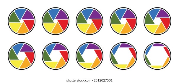 Coleção de diafragmas para lentes de câmera. Símbolo de ícone de abertura definido em cores. Diafragma da lente da câmera. Ícone de vetor de lente de abertura da câmera do obturador definido em cores. Estilo diferente. Ilustração vetorial.