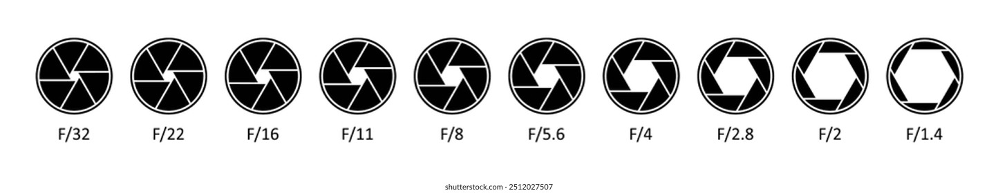 Coleção de diafragmas para lentes de câmera. Símbolo de ícone de abertura definido na cor preta. Fileira de diafragma de lente de câmera com números de valores de abertura. Conjunto de ícones de lentes de abertura da câmera do obturador. Ilustração vetorial.