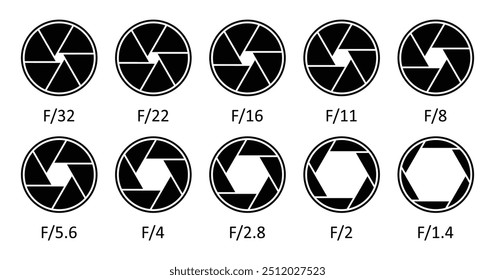 Coleção de diafragmas para lentes de câmera. Símbolo de ícone de abertura definido na cor preta. Fileira de diafragma de lente de câmera com números de valores de abertura. Conjunto de ícones de lentes de abertura da câmera do obturador. Ilustração vetorial.