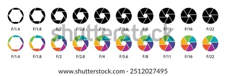 Camera lens diaphragm collection. Aperture icon symbol set in black and colors. Camera lens diaphragm row with aperture value numbers. Shutter camera aperture lens icon set. Different style.