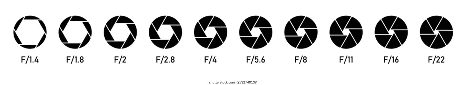 Fila de diafragma de lente de câmera com número de valor de abertura. Silhueta câmera lente ícone diafragma conjunto isolado. Conjunto de ícones de lentes de abertura da câmera do obturador. Ícones de abertura definidos com formas diferentes. Ícones de vetor.