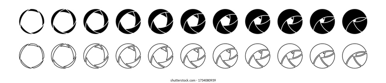 Camera lens diaphragm row with various aperture values.