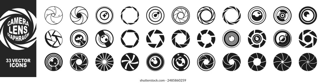 Camera lens diaphragm. Camera shutter icons set. Set photo camera lens diaphragm