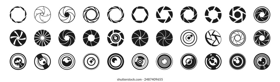 Camera lens diaphragm. Camera shutter icons set. Set photo camera lens diaphragm