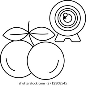 A camera lens is drawn above a bunch of oranges. The camera lens is a symbol of capturing moments and memories, while the oranges represent the fruit of life