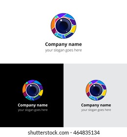 Camera lens eye with colorful circle gradient and vector logo template. Digital vision symbol, logo, icon, sign, emblem. Abstract logo for photograph studio, camera shop, photo company or service.