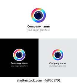 Camera lens eye with colorful circle gradient and vector logo template. 