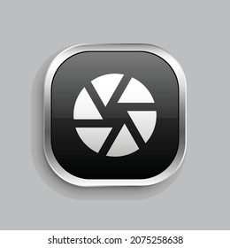 camera lens fill icon design. Glossy Button style rounded rectangle isolated on gray background. Vector illustration