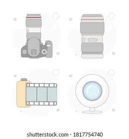 camera lens, camera film, photo tape, web camera vector flat illustration on white background