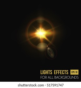Camera lens flare background, sun light effect backdrop. Glowing halo effect or burst for poster template. Abstract star radiance, shining and glowing round illumination