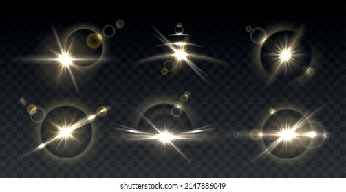 Camera lens flare lights. Shining optics effects. Realistic flash reflexes. Rays and circular shapes. Starburst and gleams with sunshine beams. Vector glowing isolated