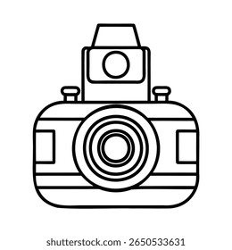 Camera with lens flash, simple outline design on photography photo