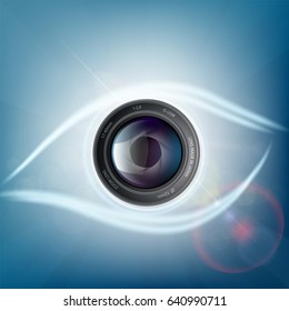 Camera lens is in the form of a human eye. Aperture shutters. Stock vector illustration.