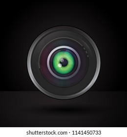 Camera lens with green human eye in the middle