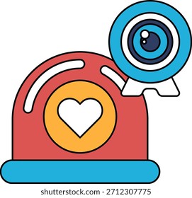 Una lente de cámara con un corazón. El corazón está rodeado por un círculo. La lente de la cámara está sobre un fondo blanco