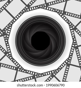 Camera lens icon 3d on round film strip background