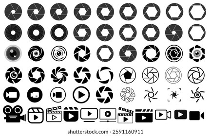 Camera lens icon collection. Set of camera lens icons. Video and photo camera lens icons. Camera lens logo icon set..