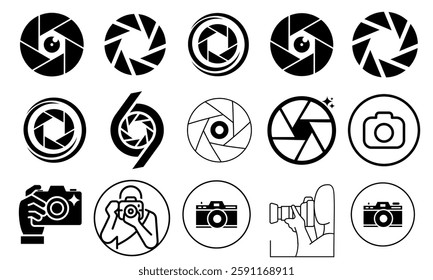 Camera lens icon collection. Set of camera lens icons. Video and photo camera lens icons. Camera lens logo