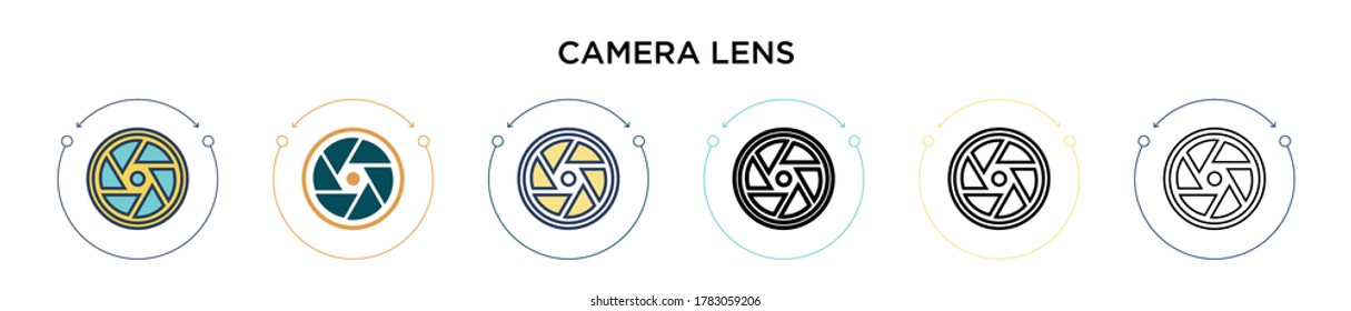 Camera lens icon in filled, thin line, outline and stroke style. Vector illustration of two colored and black camera lens vector icons designs can be used for mobile, ui, web