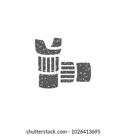 Camera lens icon in grunge texture. Vintage style vector illustration.
