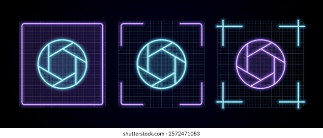  Camera lens icon illustration, cyber neon visual, glowing border grid vector.