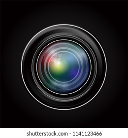 Camera lens icon isolated on black backgrounf photo-realistic vector illustration