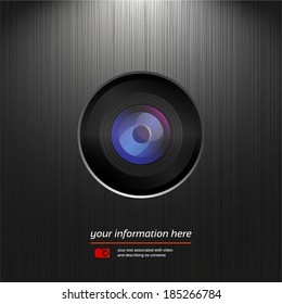Camera lens, icon isolated on a dark texture background with light for your design
