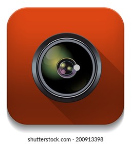 camera lens Icon With long shadow over app button