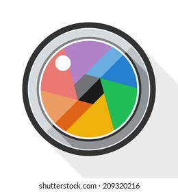 Camera lens icon with long shadow on white background