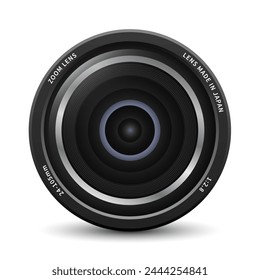 Camera lens icon. Camera photo lens with shutter release front view, realistic 3D vector icon. Vector illustration