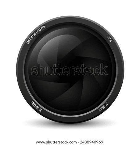 Camera lens icon. Camera photo lens with shutter release front view, realistic 3D vector icon. Vector illustration