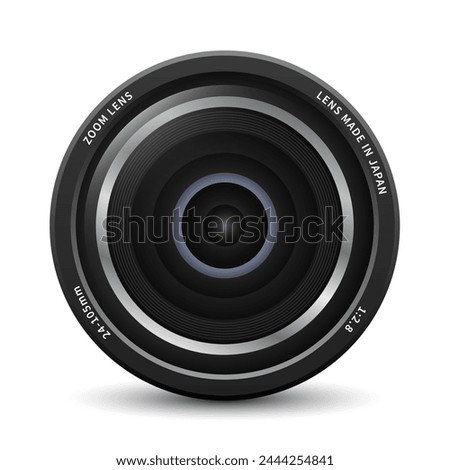 Camera lens icon. Camera photo lens with shutter release front view, realistic 3D vector icon. Vector illustration