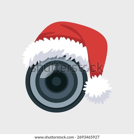 Camera lens icon with Santa hat, flat minimal Christmas photographer design. Design layer should be clean and smooth.