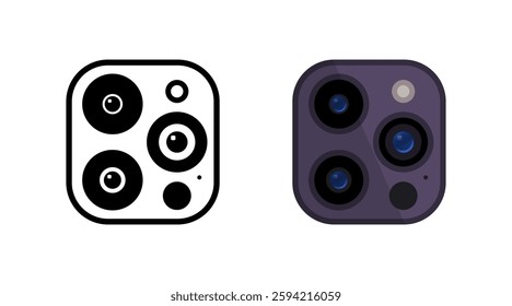 Camera lens icon set featuring black and grey designs. Vector icon