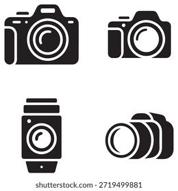 Conjunto de Ícones de Câmera e Lente com Silhuetas DSLR, Vintage e Multi-Lente