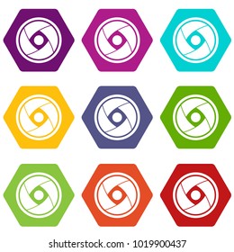 Camera lens icon set many color hexahedron isolated on white vector illustration