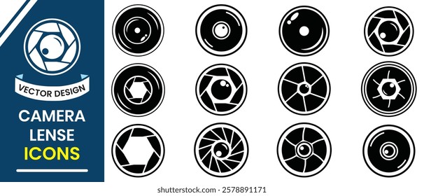 Camera lens icon vector set. Silhouette of lens icon, vector, symbol. Camera shutter, Lenses, Photo Camera icons,  photography symbol vector set. Vector illustration.