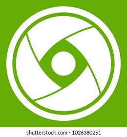 Camera lens icon white isolated on green background. Vector illustration