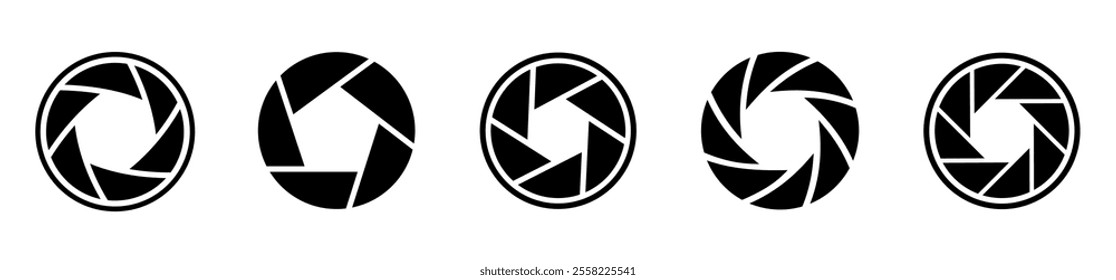 Camera lens icons set. Black shutter sign collection. Photo symbol.