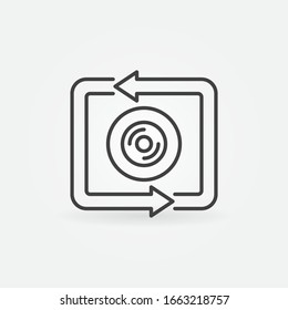 Camera lens inside arrows vector concept icon or symbol in outline style