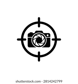 Camera lens inside a target crosshair symbol on a white background
