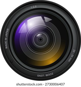 Camera lens isolated, front view with light reflections, realistic 3D icon vector illustration.