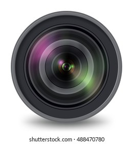 Camera lens isolated front view photorealistic vector illustration. Photo and video cameras accessory and equipment collection.