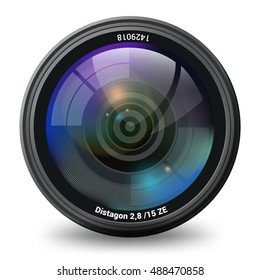 Camera lens isolated front view photorealistic vector illustration. Photo and video cameras accessory and equipment collection.