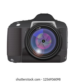 Camera with lens an isolated object on a white background.
