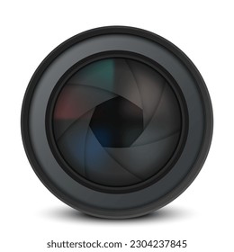Lente de cámara aislada sobre fondo blanco. Lente de vídeo o cámara fotográfica muy detallada. Ilustración vectorial. Eps 10.