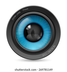 Camera lens isolated on white background. Illustration blue eye