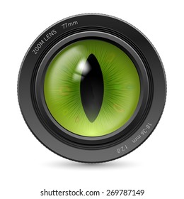 Camera lens isolated on white background. Illustration green pupil reptiles