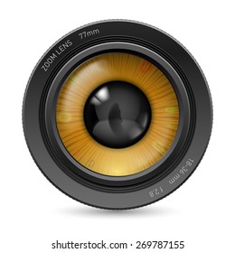 Camera lens isolated on white background. Illustration orange eye