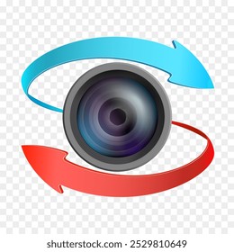 Camera lens like an eye with arrows around it. Object isolated on transparent background. Stock vector illustration